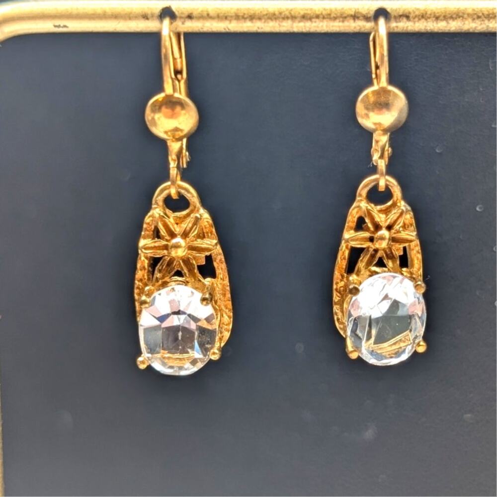 VTG Gold Tone 1-3/8" Dangle Lever Back Large Oval Crystal Earrings